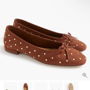 Women's Brown Studded Bow Ballet Flats J Crew faux suede